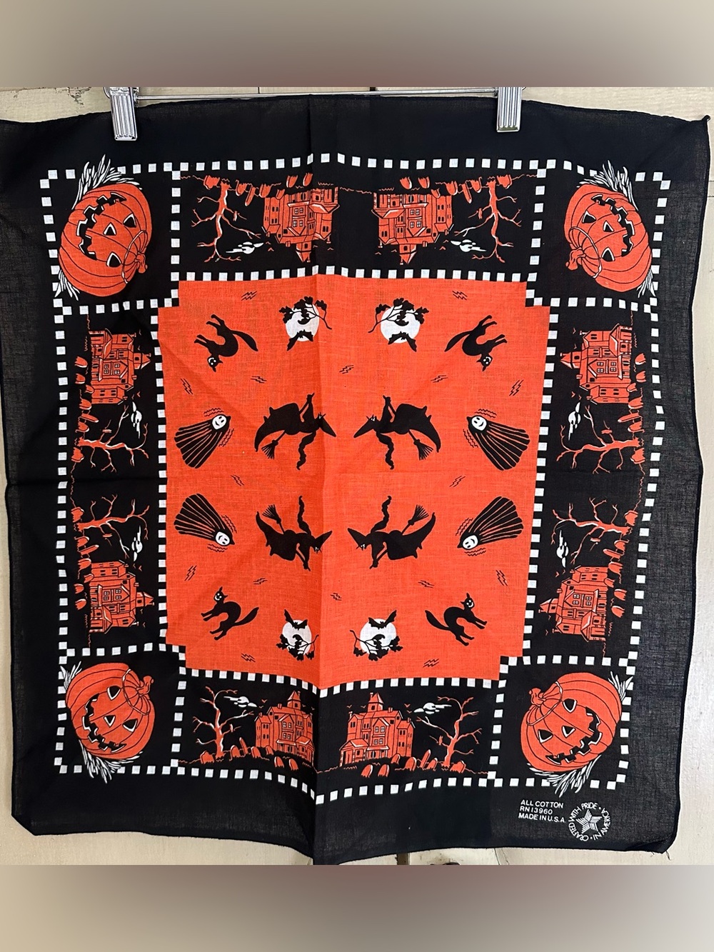 Vintage Cotton Halloween Bandana Witch Black Cat USA 21" Sq Handkerchief Scarf